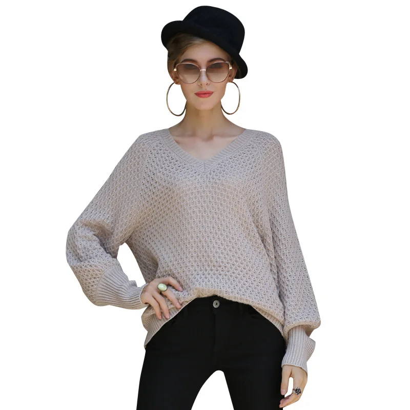 

V-neck Knitted Sweater 2020 Women's Loose Women's Knitted Sweaters Female Long Sleeves Office Lady Gray Khaki Color Pullovers