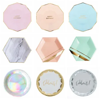 

10pcs/set Gold Foil Pink Disposable Tableware Christmas New Year Party Paper Plates Cups Birthday Party Supplies Plastic Straws
