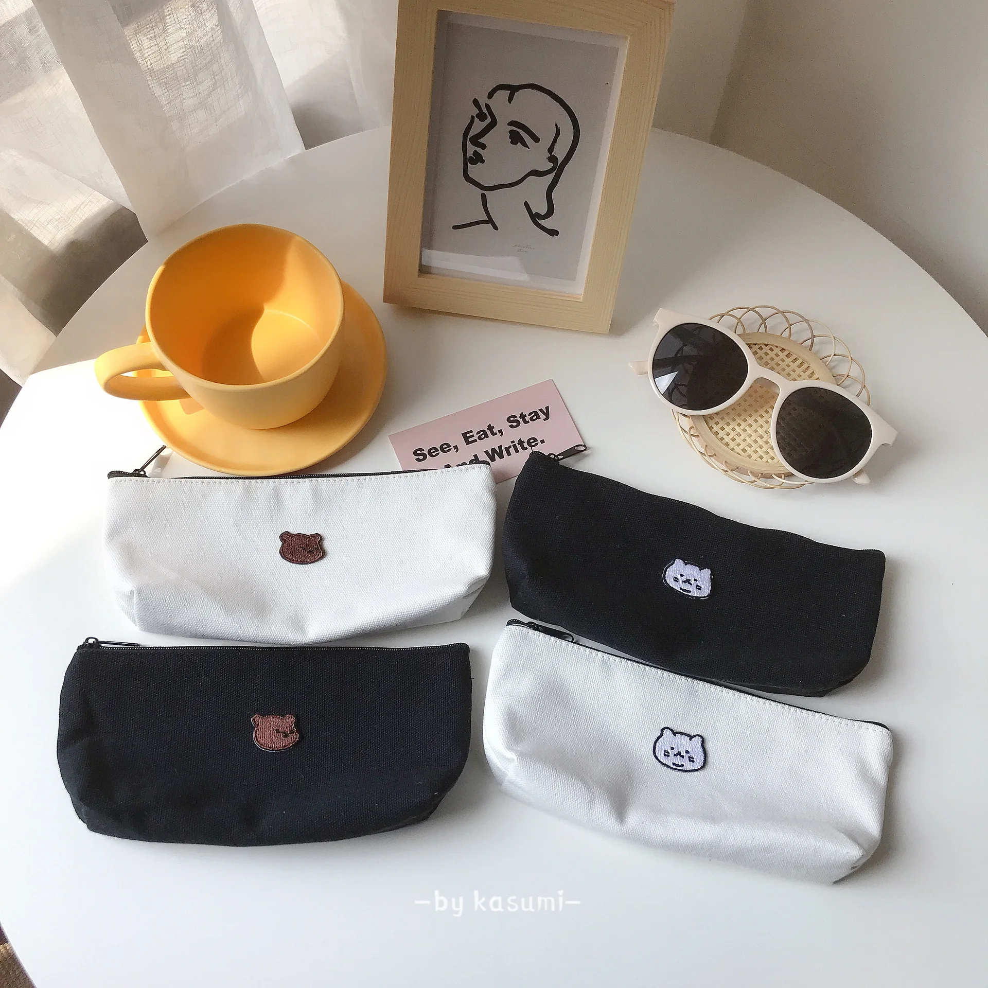 

Ins Cartoon Cat Bear Embroidered Canvas Pencil Case Large Capacity Cute Stationery Storage Bag Minimalist Style School Supplies