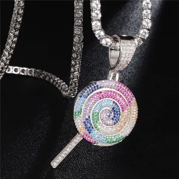 

Bling Iced Out Cubic Zircon Rainbow Lollipop Pendant Luxury Hip Hop Jewelry For Women Men With 24 Inches Tennis Chain