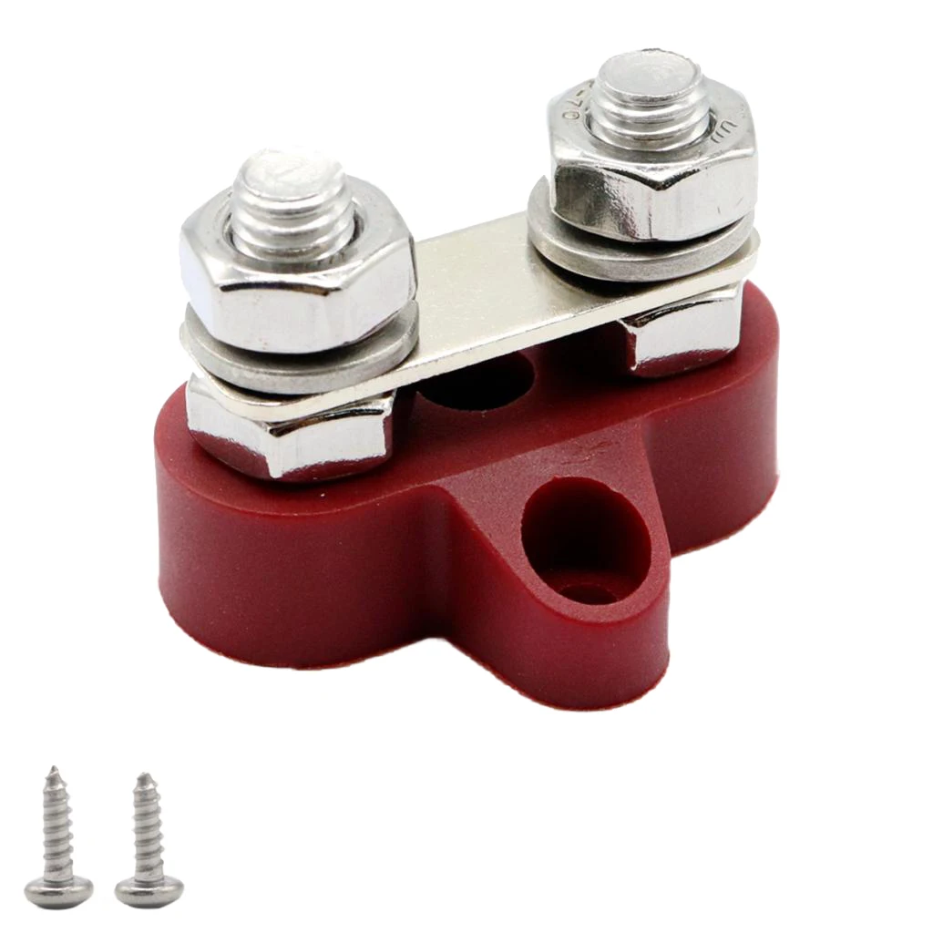 M8 (5/16'') Stainless Steel Dual Stud Power and Ground Junction Block, Battery Power Stud Junction, Red