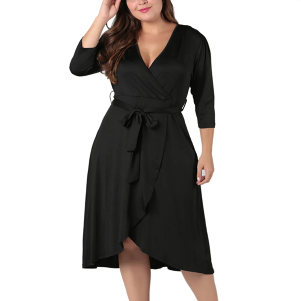 Autumn Plus Size Dress For Women Long Sleeve V Neck Black Basic Slim Dresses With Waist Belt Casual Party Dresses Vestidos