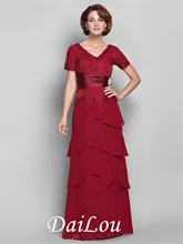Sheath / Column V Neck Floor Length Short Sleeve Chiffon Mother of the Bride Dress with Lace 2021