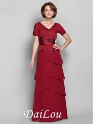 Sheath / Column V Neck Floor Length Short Sleeve Chiffon Mother of the Bride Dress with Lace 2021
