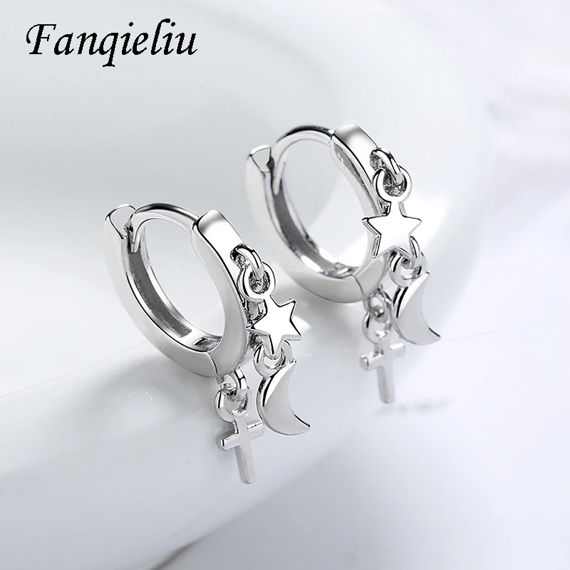 Fanqieliu-pendientes de plata de ley 925 auténtica con forma de luna y estrella para mujer, joyería Vintage creativa, aros cruzados, FQL20495