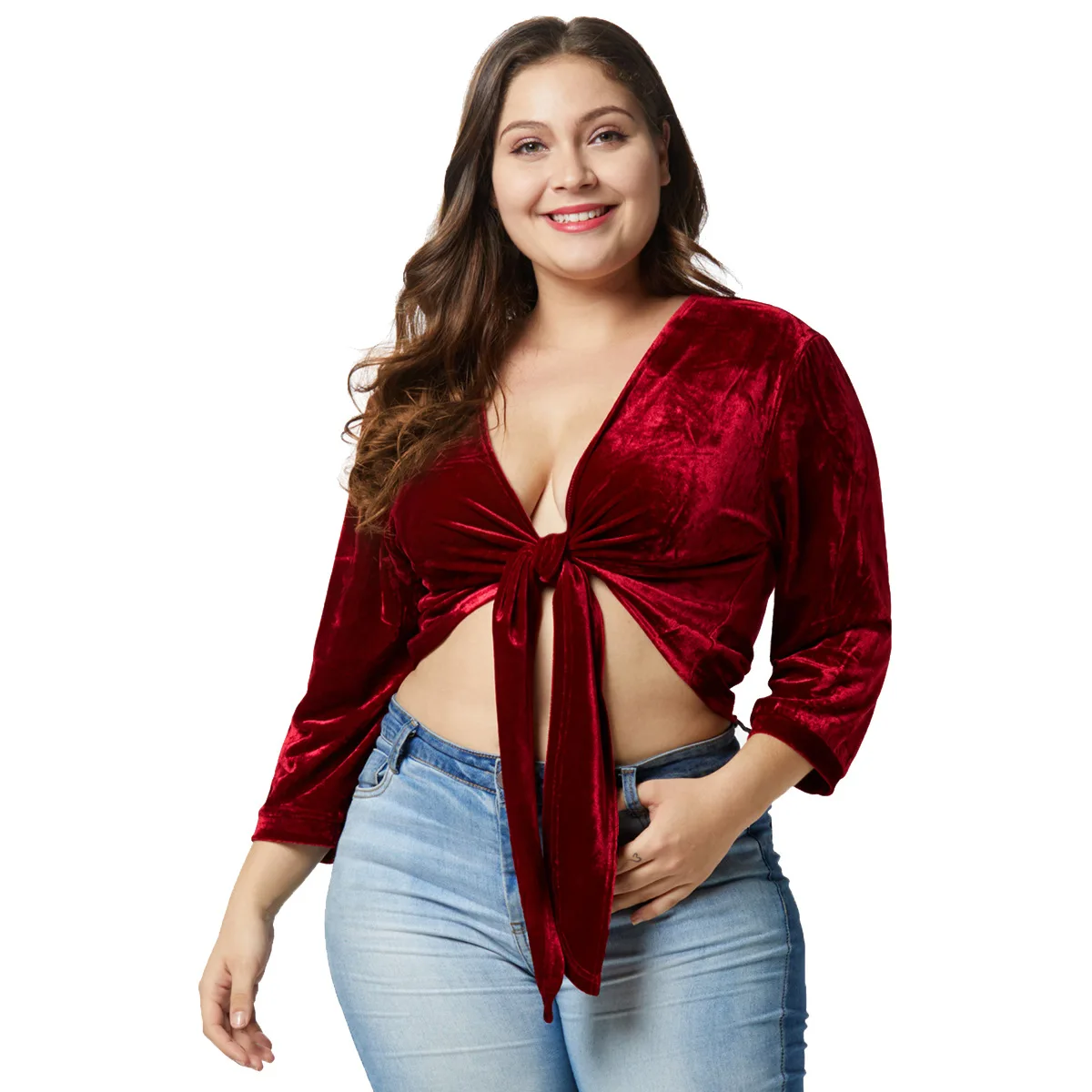 

Explosion Models Large Size Women's Sexy Belt With Deep V Not Down Velvet Long-sleeved Not Falling Umbilical Solid T-shirt