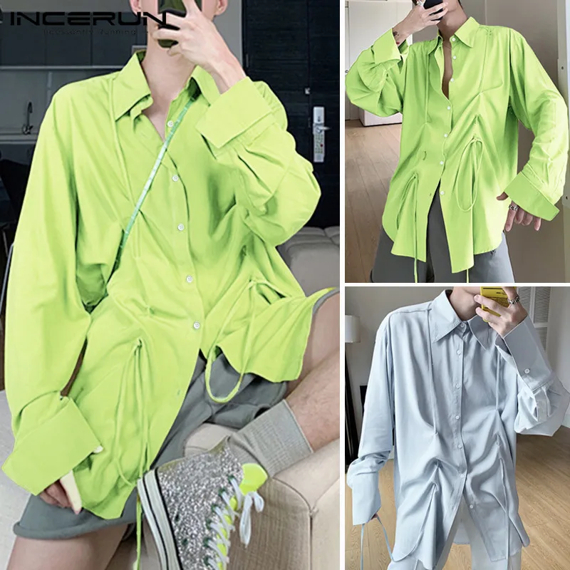 INCERUN 2019 рубашка новая мужская с длинным рукавом с отворотом дизайн Drawstring регулирующий стиль сплошной цвет свободная повседневная