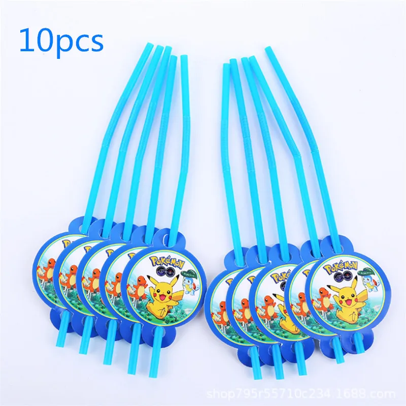 PKQ-straw 10pcs Одноразовые декорации с рисунком Пикачу покемона на день рождения, вечерние столовые приборы, набор бумажных стаканчиков, бумажные тарелки, Детские вечерние принадлежности - Цвет: PKQ-straw 10pcs