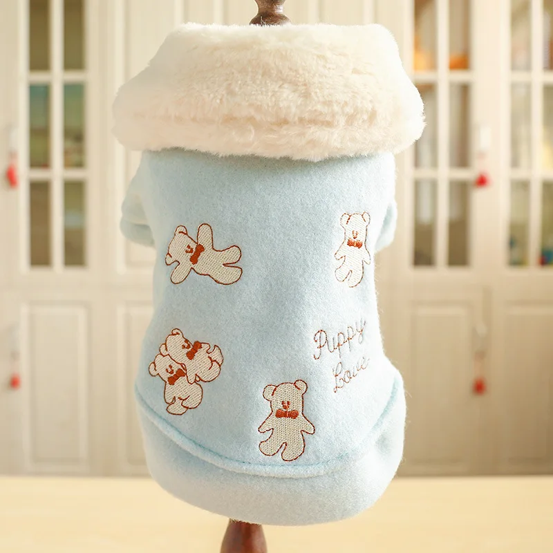 Autumn And Winter New Style Pet Clothes Full Version Embroidered Bear Woolen Cloth Turn-down Collar Coat