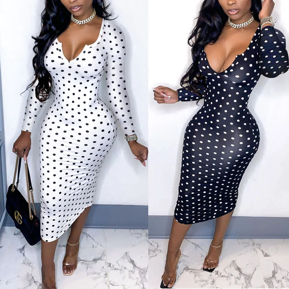 

Dress 2021 Sexy Ladies Polka Dot Print Party Elegant Slim OL Deep V Neck Long Sleeve Autumn Pencil Dress