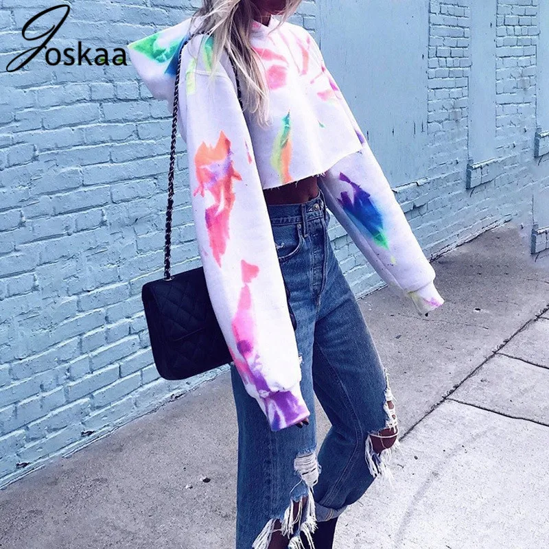 Joskaa, длинный рукав, с капюшоном, с принтом tie dye, укороченные свитшоты, Осень-зима, женская уличная одежда, сексуальные толстовки, топы