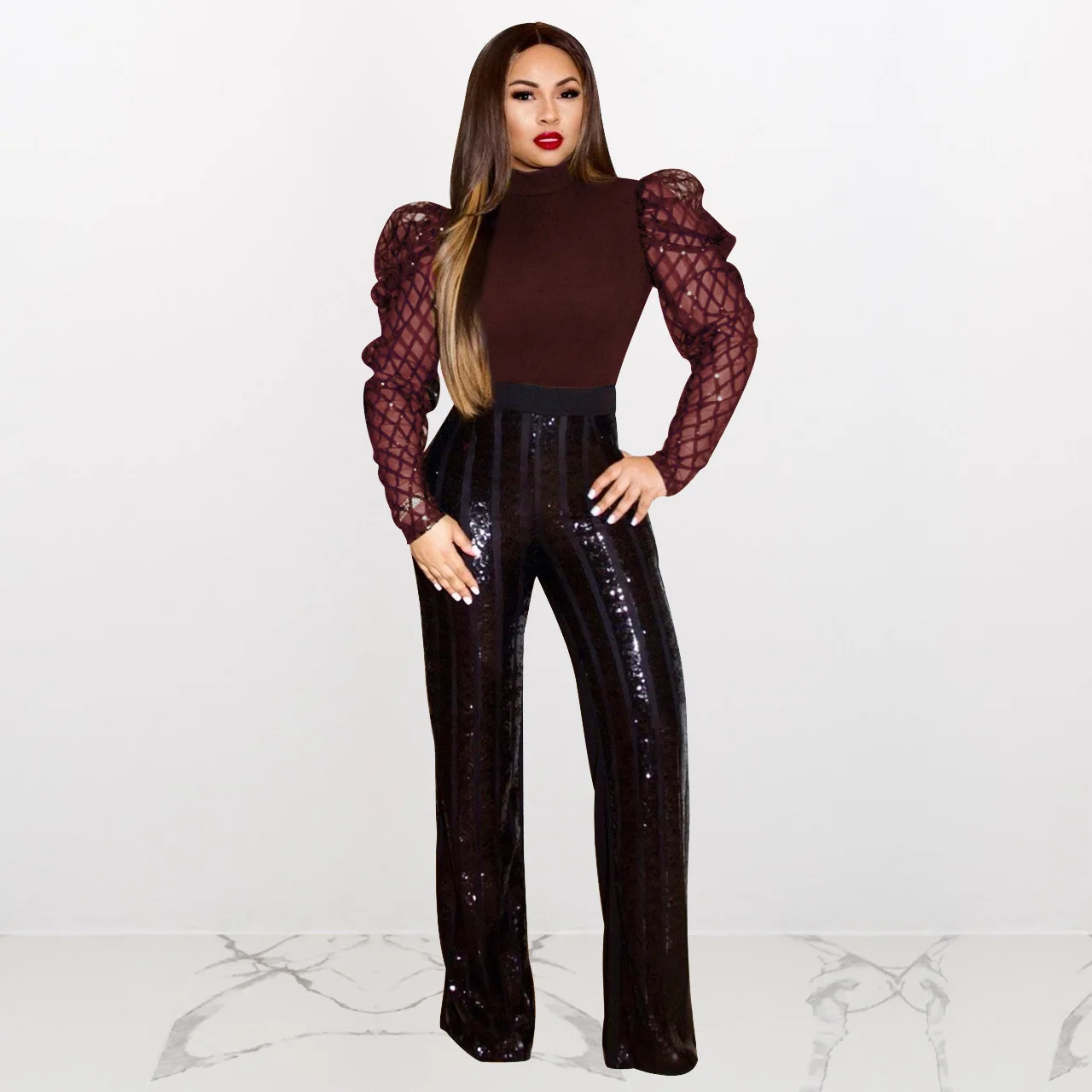 Прозрачные сетчатые клетчатые топы с пайетками и длинными рукавами, женская модная Прозрачная Футболка с высоким воротником, осенне-зимняя женская однотонная облегающая футболка