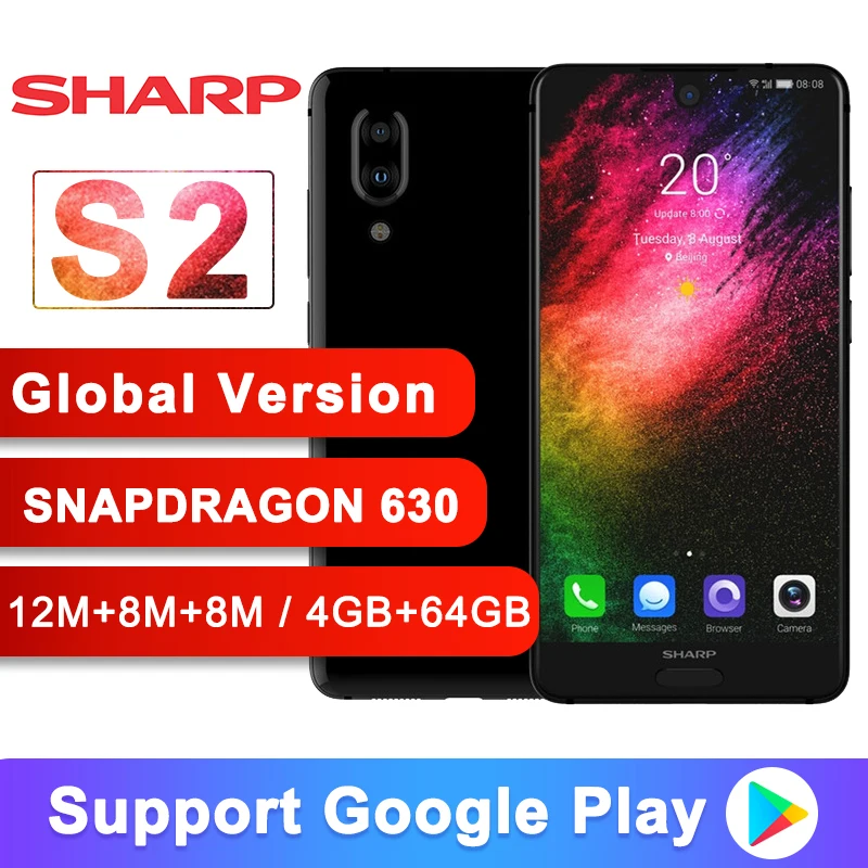 SHARP C10 S2 Smartphone Snapdragon 630 Octa Core Android 8.0 4GB+64GB 5.5'' FHD+ Face ID NFC 12MP 2700mAh 4G Mobile Phone