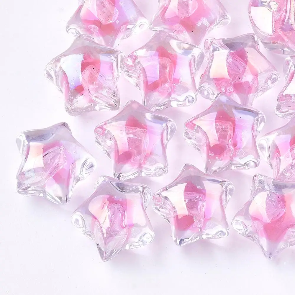 

200pcs HotPink Transparent Acrylic Beads Star Shape UV Plating & Rainbow Half Drilled Beads DIY Jewelry Findings 16x17x14.5mm