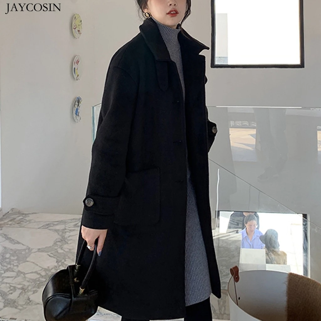 JAYCOSIN Женская шерстяная модная офисная однотонная зимняя офисная Свободная Женская повседневная шерстяная куртка с длинным рукавом и пуговицами