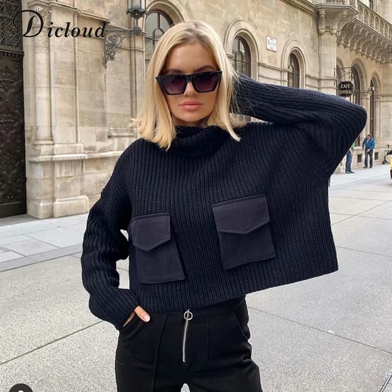 

DICLOUD Women Long Sleeve Turtleneck Knitted Sweater With Pockets Winter 2019 Casual Jumper Warm Pullover Ladies Clothing