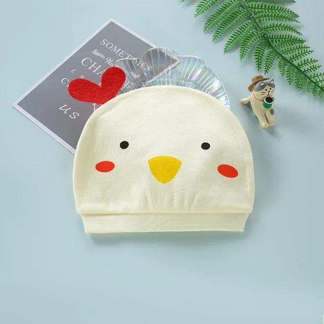 Four Seasons Kids Newborn Baby Hats 100% Cotton Cap 40 Color Cartoon Cute Printed Hat Suitable for 0-12 Months Baby Accessories chick yellow