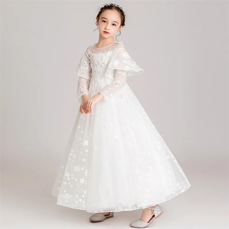 3~14Years Children Girls Solid White Color O-Neck Birthday Wedding Party Ceremony dress Kids Host Communication Costumes Dress