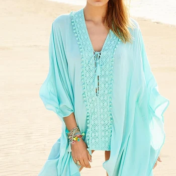 

Cotton Beach Cover up Pareo Tunic for Beach Plus size Bikini Cover up Tassel Lace Patchwork Beachwear Swim suit Cover up Dress