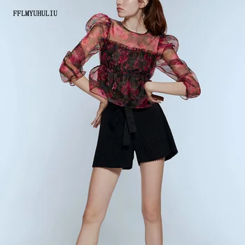 

Ladies Summer Puff Sleeve Flower Print Elastic Waist Slim Transparent Hard Yarn Shirt