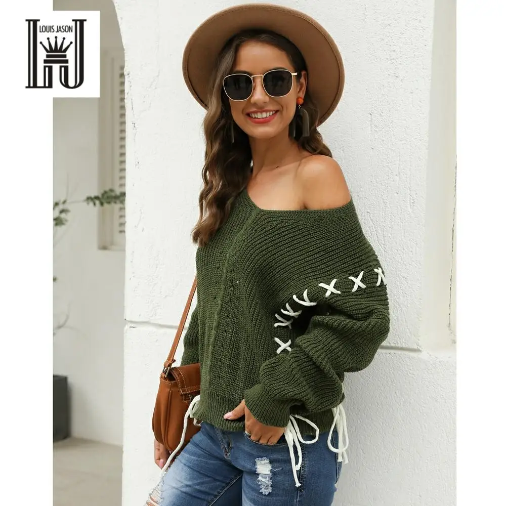 

LOUIS JASON Women Sweater New Design V-neck Vintage Solid Color Off-shoulder Sweater Women Loose Knit Pullover Top Femme Jumper