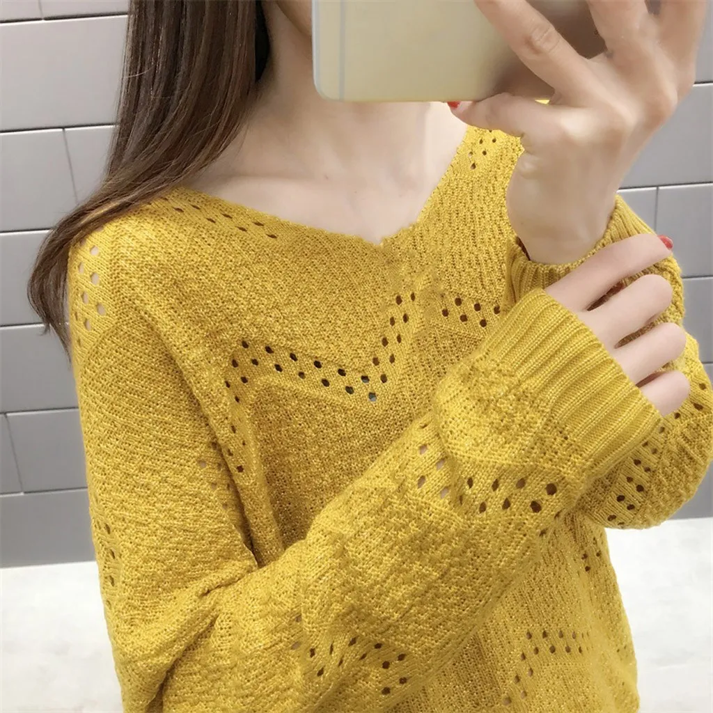 Jaycosin Fashion Women Casual Simple Long Sleeve Knitting V-Neck Sweater Stylish Comfortable Bottoming Hollowed Out Sweater