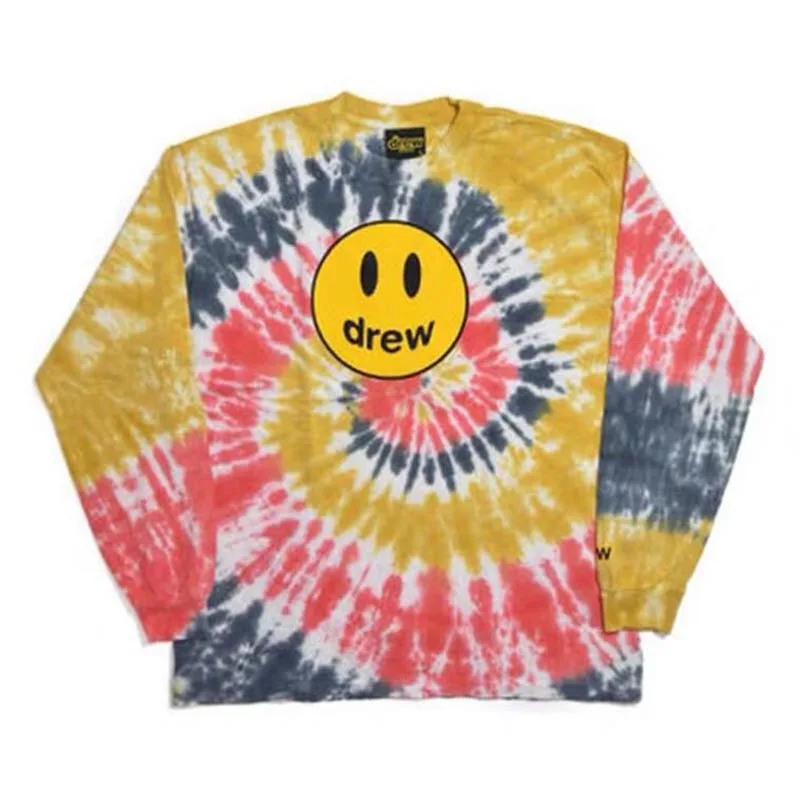 Крашеная футболка Drew House Smile Tie для мужчин и женщин, свободная повседневная футболка с длинным рукавом и круглым вырезом, уличная футболка с покемонами - Цвет: PIC COLOR14