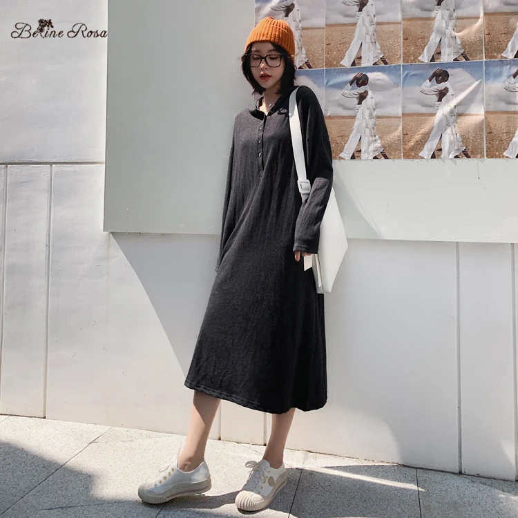 

BelineRosa Simple Pure Color Minimalist Style Women Clothing Polo Collar Deep Gray Long Sleeve Dresses for Autumn TYFS0007