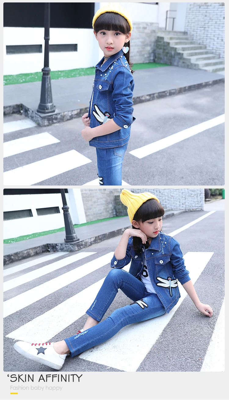 3 Pieces Boutique Girls Outfits Set Kids Clothes Clothing Long Sleeves Girl Sequins Dragonfly Denim Jacket Jeans Outfits