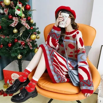 

Mid-length Sweater Women Thickened Lazy Wind Loose Korean Christmas Pullover Knitted Skirt Autumn Winter 2020 New