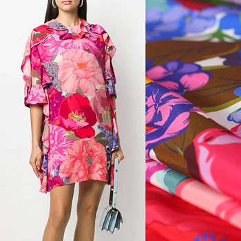 

135CM Wide 18MM Blue Floral Print Stretch Colorful Silk Crepe de Chine Fabric for Summer Dress Shirt Scarf Cheongsam Suit E1246