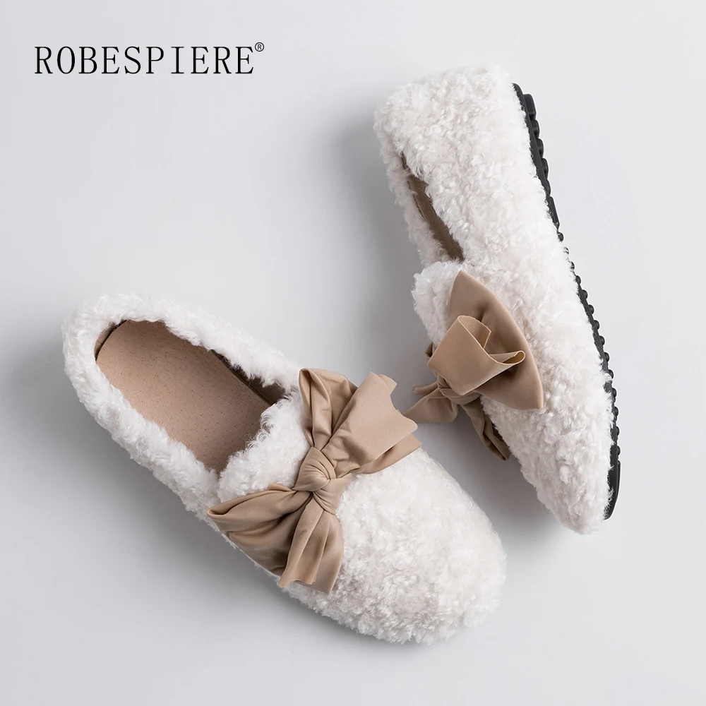 

ROBESPIERE Women Shoes Real Wool Bowknot Woman Loafers Slip On Lazy People Fur Shoes Winter Winter Warm Shoes Ladies Flats A110