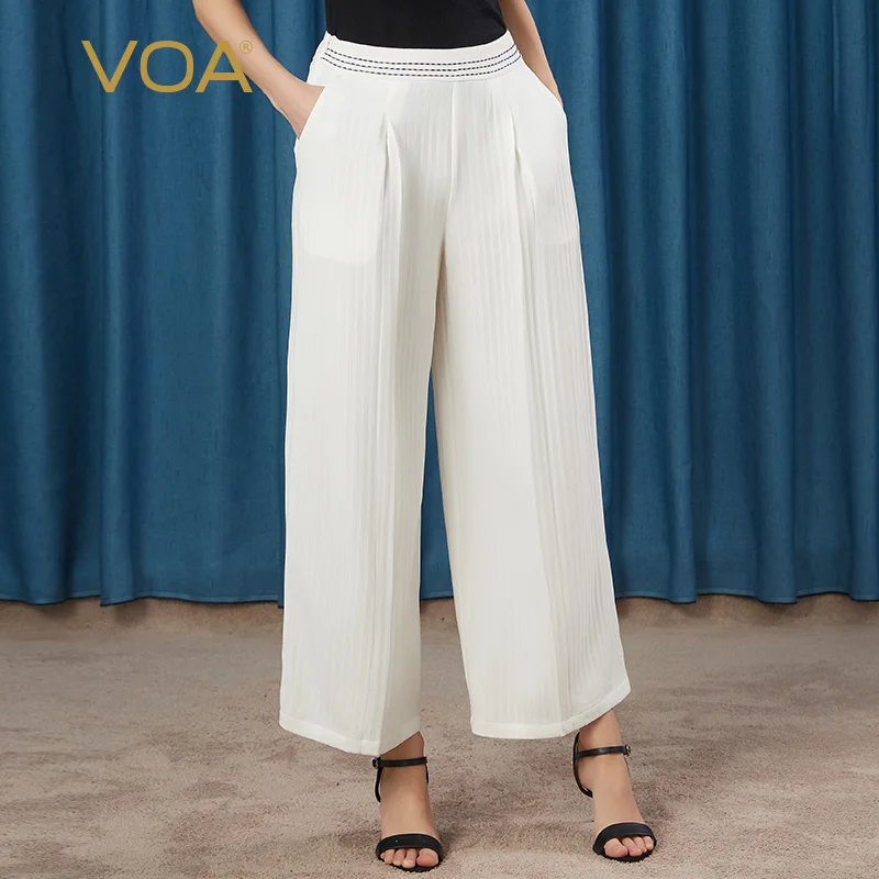 VOA Silk 46m/m White Striped Heavy Arch Needle Process Side Zipper Xie Cha Dai Straight Crisp Wide Leg KE59 Pants for Women