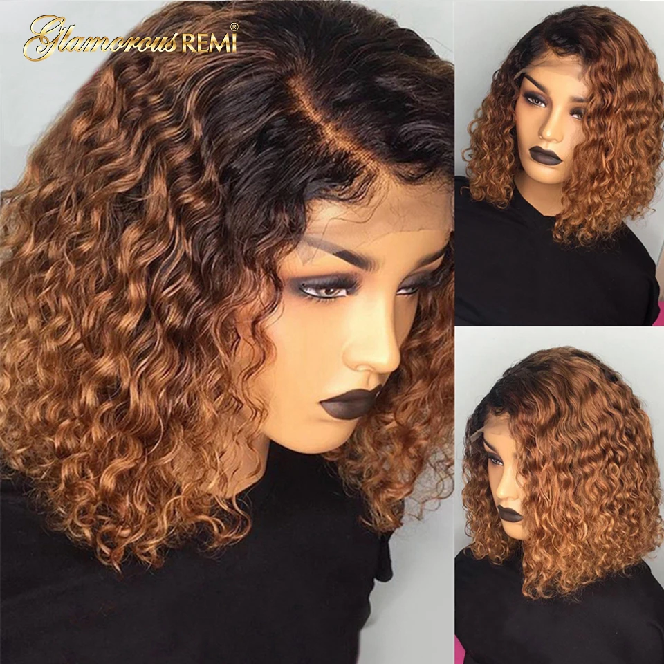 1B/27 Ombre Color Short Curly 13*4 Lace Front Human Hair Wigs Baby Hair Pre Plucked Remy Brazilian Lace Bob Wigs Bleached Knots
