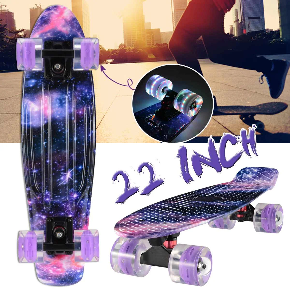 

22 inch Skateboard Cruiser Board Board 22" X 6" Retro Longboard Skate Graphic Galaxy Complete Led Light Boy Girl Xmas Gift