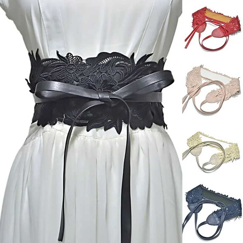 

Female Cummerbunds Belt Wide Corset Waist Lace-ups Bow Knot Buckle Waistband Solid Color Wedding Party Dress Women Lace Belt