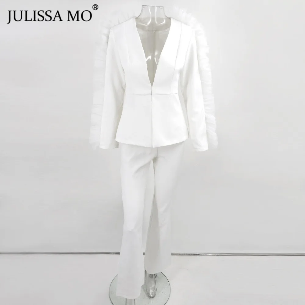 Julissa mo белый с v-образным вырезом сетки сплайсированные сексуальный Блейзер и брюки набор 2 шт для женщин осень зима длинный рукав элегантный пиджак костюмы