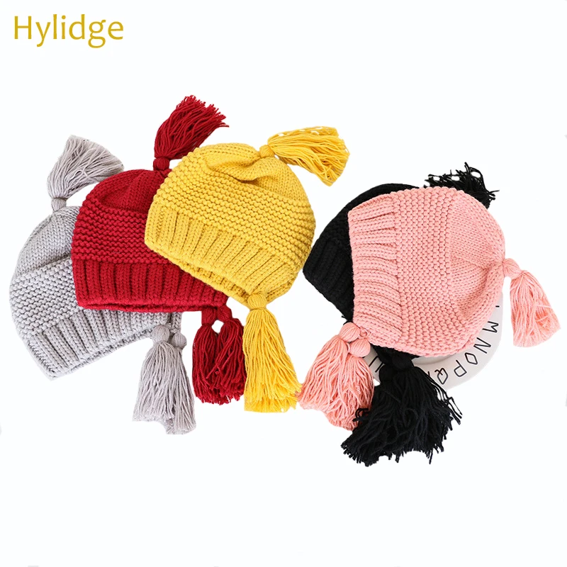 Hylidge/шапки-бини с кисточками для маленьких мальчиков и девочек, шерстяная вязаная шапка, сезон осень-зима, теплые шерстяные наушники, шапки-бини, новые детские шапки, 5 цветов