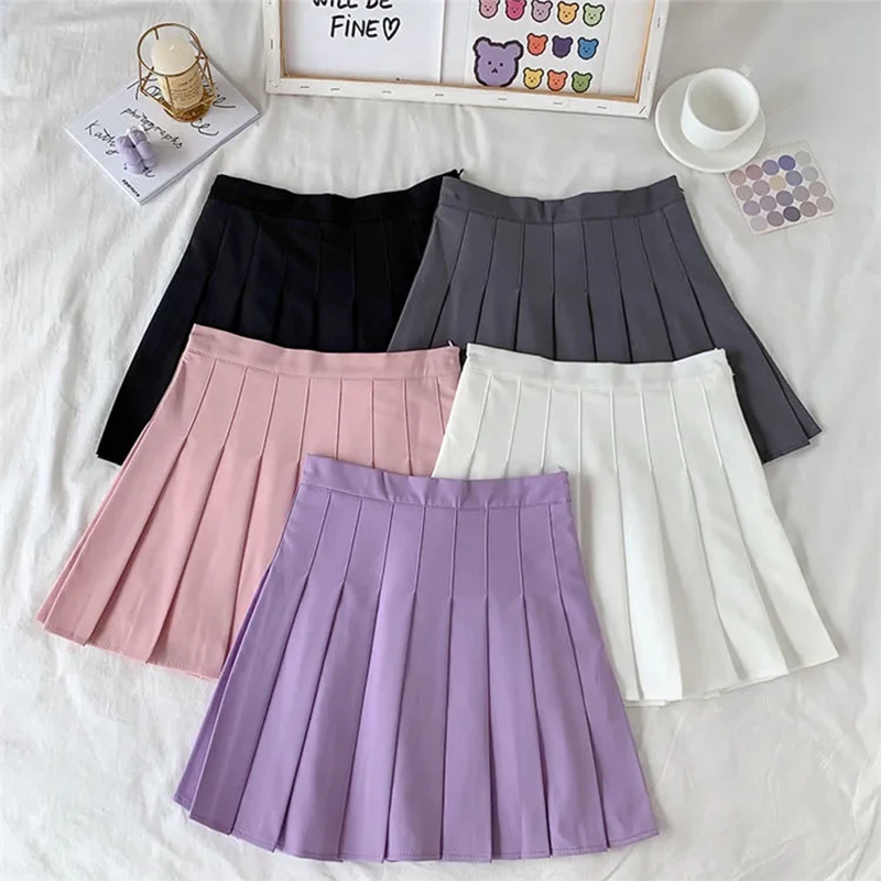 tutu skirt 2021 New Black Skirt Female Summer High Waist gothic Anti-Glare A-Line Pleated Skirt Short Skirt Purple Ins Tide Ulzzang Skirt black pencil skirt