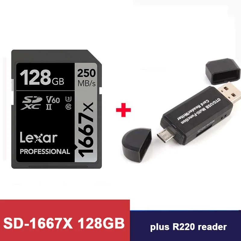 1667X-128-R220reader Оригинальная флеш-карта Lexar, sd-карта, 128 ГБ, cartao de memoria, 128 ГБ, V60, UHS-II, U3,, для камеры, 3D, 4 K, HD видео - Емкость: 1667X-128-R220reader