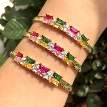 

Luxury Colourful Geometry Cubic Zirconia Bangles Gold Color Copper Green Crystal Glass Stone Women Adjustable Bracelet Jewelry