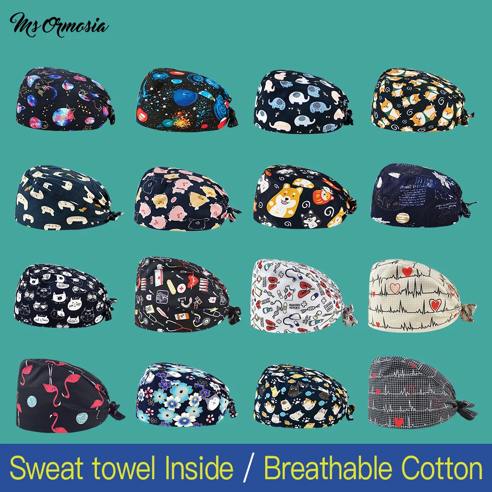 

Multicolor Pure cotton scrubs hat adjustable unisex Cartoon printing caps pet store working hats Adjustable Scrub caps wholesale