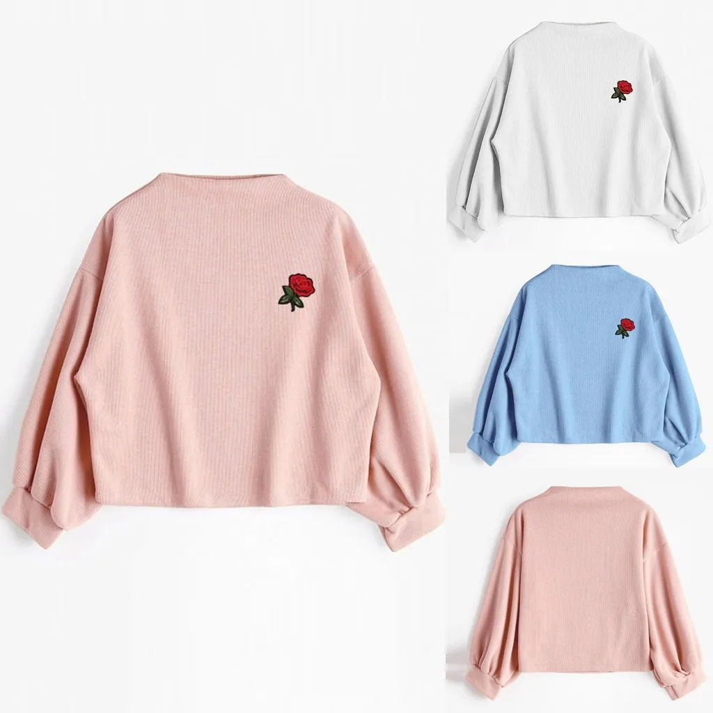 JAYCOSIN Fashion Women Casual Simple Solid Color Flower Embroidery Strappy Loose Hoodie Sweatshirt Comfortable Soft Blouse 