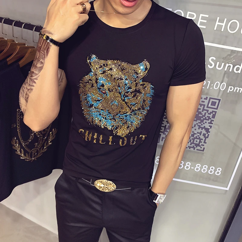 

Brand Drilling Short Sleeve Tiger Head T-Shirt Streetwear Tee Tops Plus Size 7XL Animal Print Man's T-shirt Short Sleeve O Neck