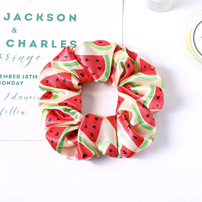 gold Women Girls Print Satin Big Elastic Rope Bands Watermelon Fruit Cute Heart Print Scrunchies Hair Gums For Bun Make Stretch Bands - Цвет: gold