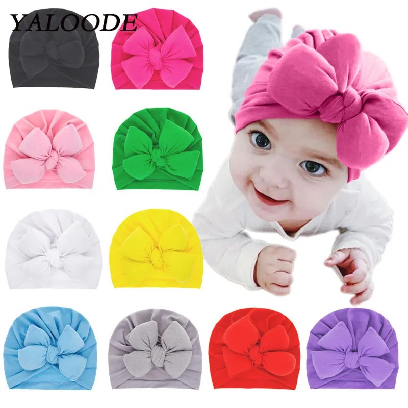 

YALOODE 2020 Baby Accessories Baby Hat Cotton Bow Knot Infant Toddler Beanie Solid Newborn Cap For Kids Girl Boy Hats