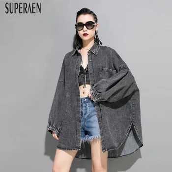 

SuperAen 2019 Autumn New Women Denim Windbreaker Fashion Wild Casual Trench Coat for Women Pluz Size Irregular Women Clothing