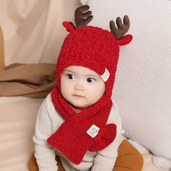 

Super Lovely Deer Toddler Infant Baby Girls Boys Winter Warm Hat and Scarf Set Thicken Fleece Knitted Cap Christmas Gift