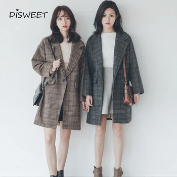 

Korean Version Of Plaid Wool Coat Ladies Winter Fashion Long Cardigan Coat Woman Temperament Loose Warm Wool-Blend Coat Women