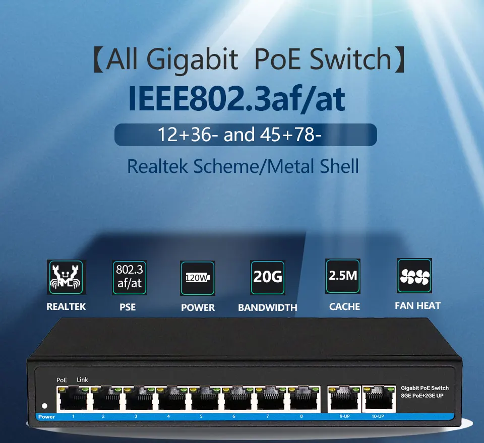 Gigabit 10 порт Poe коммутатор Поддержка IEEE802.3af/at ip-камеры и беспроводной AP 10/100/1000 Мбит/с 48 в стандартный сетевой коммутатор